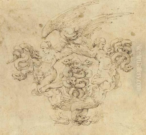 A Cartouche In The Form Of Two 
Mermen With Intertwined Tailssupporting Harpies Whose Wings Support An 
Eagle Oil Painting by Stefano della Bella