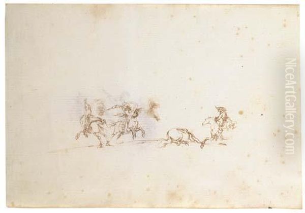 A Cavalry Skirmish: Three Horsemen And A Dead Horse, After Jacquescallot Oil Painting by Stefano della Bella