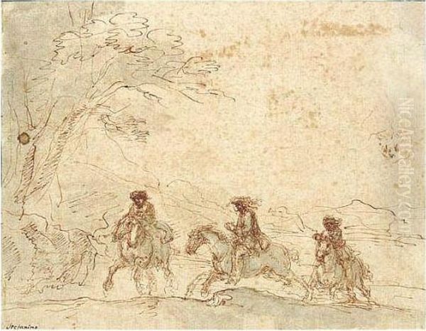 Landscape With Horsemen And A Study Of A Head. Oil Painting by Stefano della Bella