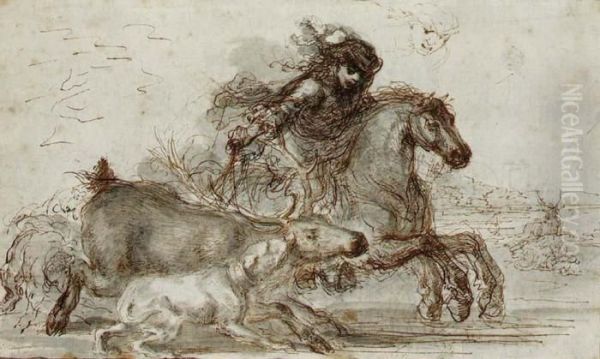 A Huntsman And Two Hounds 
Overtaking A Stag With A Subsidiary Study Of A The Huntsman's Head Oil Painting by Stefano della Bella