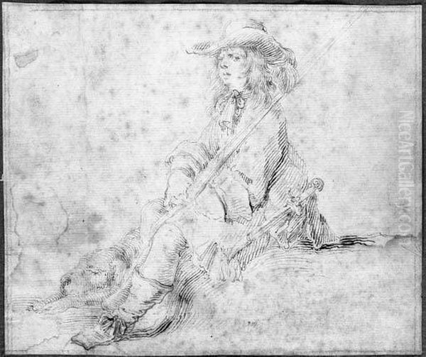 A Seated Huntsman With A Dog Sleeping At His Feet Oil Painting by Stefano della Bella