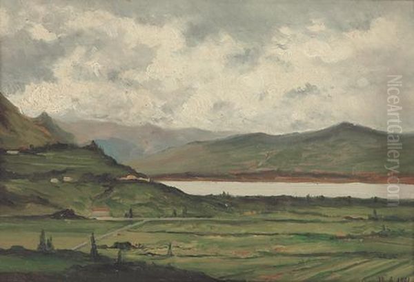 Lago Di Pusiano Oil Painting by Lorenzo Delleani