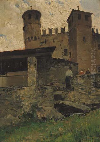 Sotto Il Castello Di Fenis Oil Painting by Lorenzo Delleani