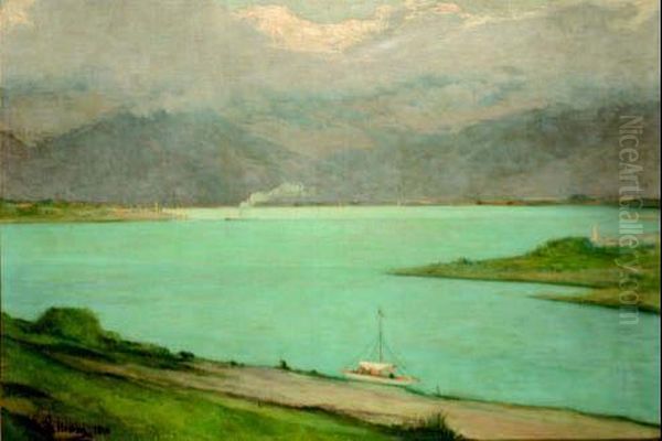 Il Lago Di Garda Con Le Alpi Tirolesi Oil Painting by Lorenzo Delleani