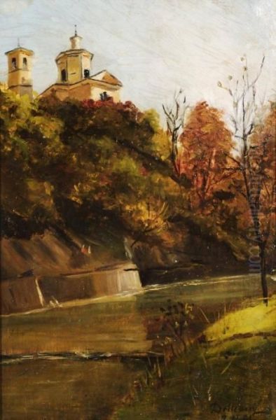 Scuola Di Paesaggio Con Fiume Oil Painting by Lorenzo Delleani