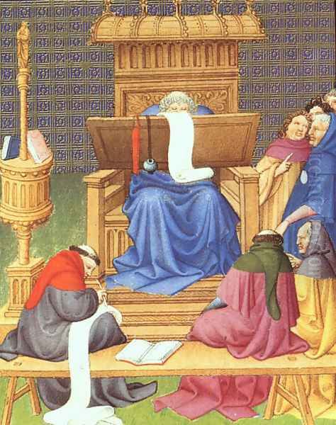 Belles Heures de Duc du Berry -Folio 94- Diocres Expounding the Scriptures 1408-09 Oil Painting by Jean Limbourg