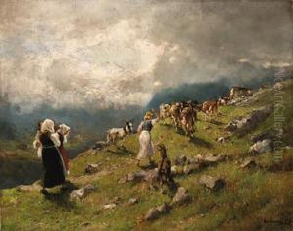 Primavera In Alta Montagna Oil Painting by Lorenzo Delleani