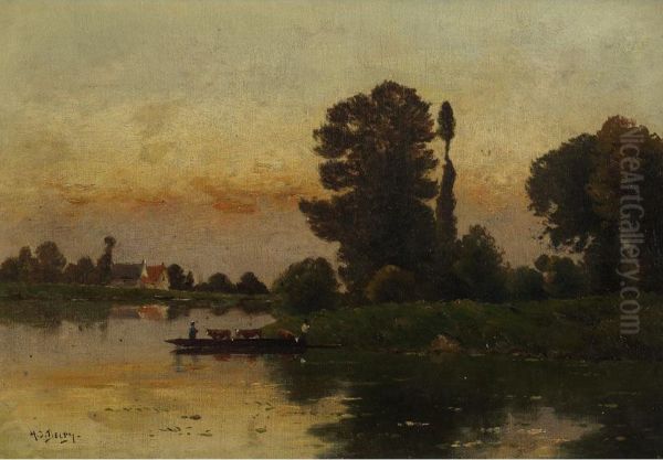 Carrying Cattle To Shore At Sunset Oil Painting by Hippolyte Camille Delpy