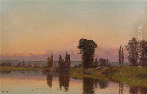 Lakeside Sunset Oil Painting by Hippolyte Camille Delpy