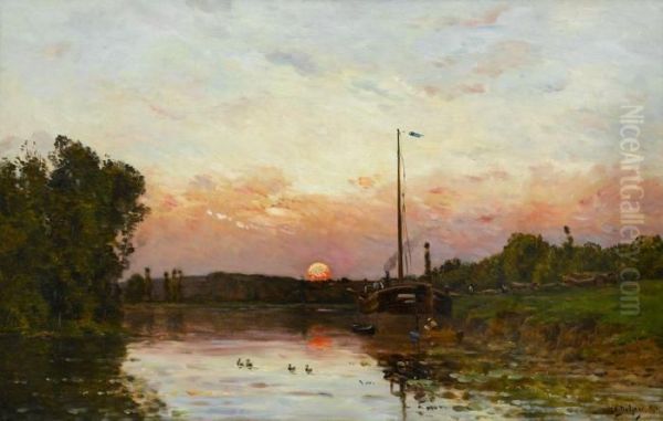 Un Soleil Couchant Au Rive Oil Painting by Hippolyte Camille Delpy