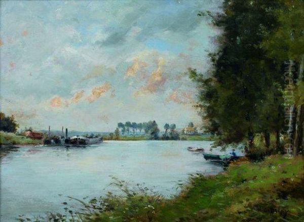 Pecheur En Barque Et Peniches Sur La Riviere Oil Painting by Hippolyte Camille Delpy