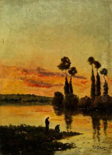 Abendliche Flusslandschaft Mit Pappelnund Zwei Wascherinnen Am Ufer Oil Painting by Hippolyte Camille Delpy