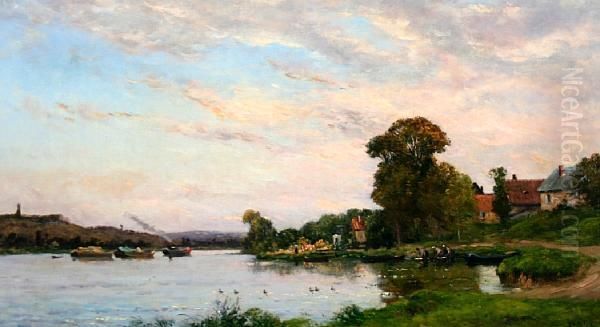 French River Landscape With Barges Andwasherwomen Oil Painting by Hippolyte Camille Delpy