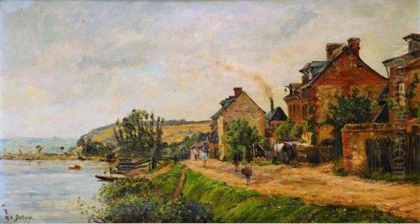 Village Et Promeneurs Au Bord De L'oise Oil Painting by Hippolyte Camille Delpy