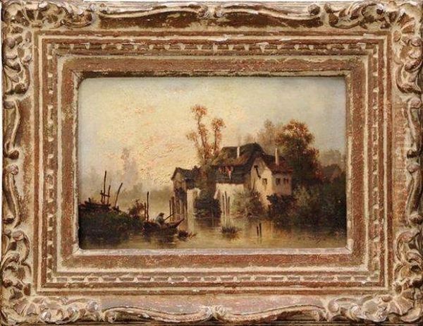 Chaumiere En Bord De Riviere Et Pecheur Oil Painting by Hippolyte Camille Delpy