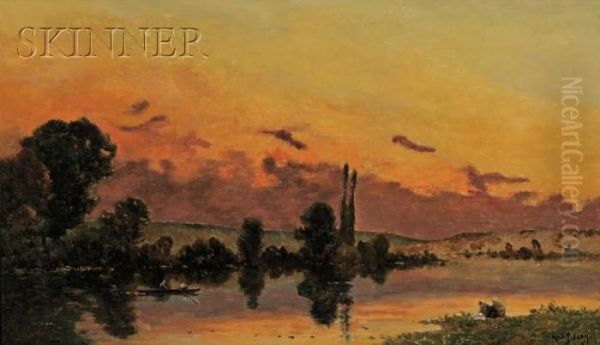 River Scene At Sunset Oil Painting by Hippolyte Camille Delpy