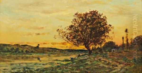 Bord De Riviere Anime Au Couchant Oil Painting by Hippolyte Camille Delpy