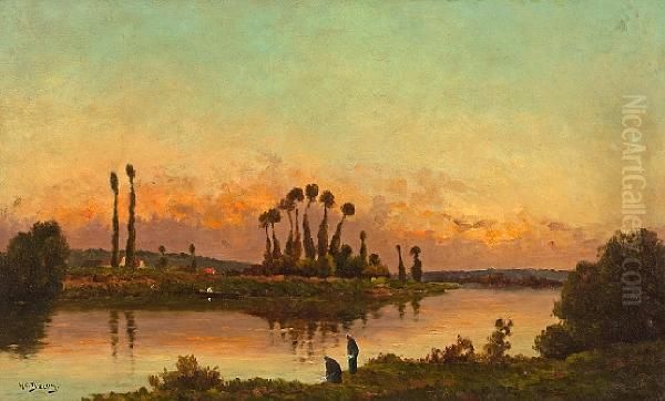 Washerwomen Beside A River At Sunset Oil Painting by Hippolyte Camille Delpy