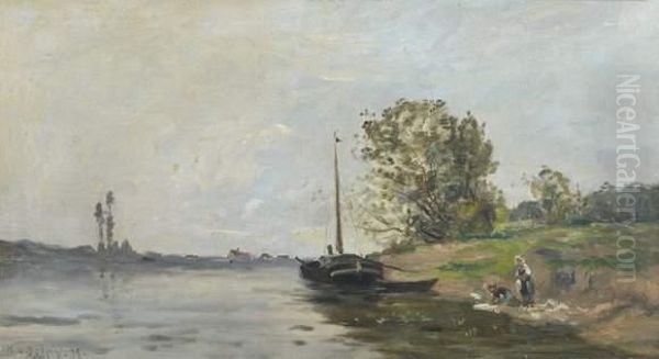 Paysage A La Peniche Et Aux Lavandieres Oil Painting by Hippolyte Camille Delpy