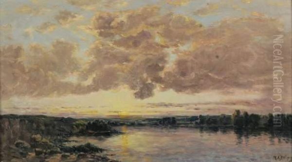 Environs De Mantes Au Soleil Couchant. Oil Painting by Hippolyte Camille Delpy