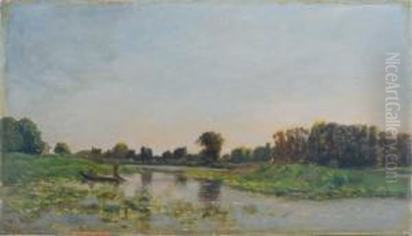 Fisherman In A River Oil Painting by Hippolyte Camille Delpy