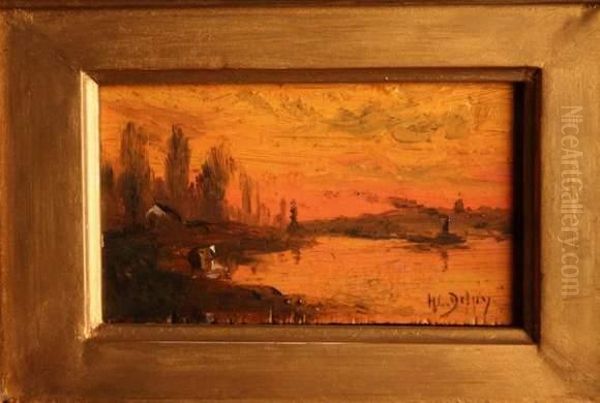 Lavandiere Au Crepuscule Oil Painting by Hippolyte Camille Delpy