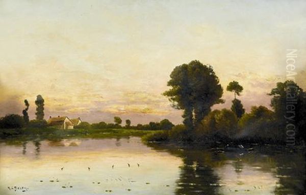 Flusspartie Bei Untergehender Sonne. Oil Painting by Hippolyte Camille Delpy