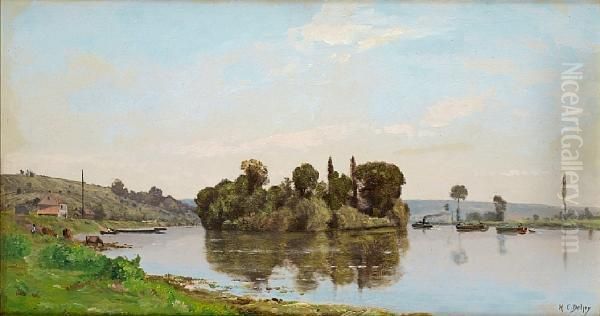 River Landscape Oil Painting by Hippolyte Camille Delpy