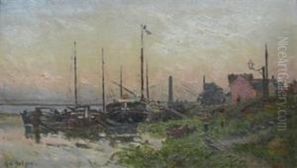 Boats In A Harbor Oil Painting by Hippolyte Camille Delpy