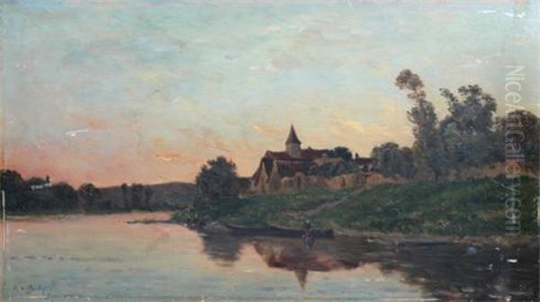 River Landscape, Man With A Boat At A Ford, Beside A Church Oil Painting by Hippolyte Camille Delpy