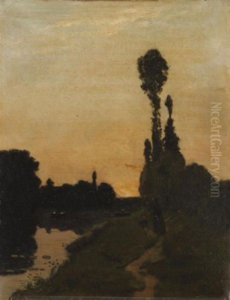 Promeneurs Du Soir Le Long D'une Riviere Paisible Oil Painting by Hippolyte Camille Delpy