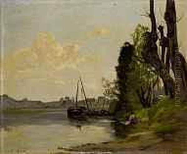 Baumbestandenes Flussufer Mit Voranker Liegendem Boot Oil Painting by Hippolyte Camille Delpy