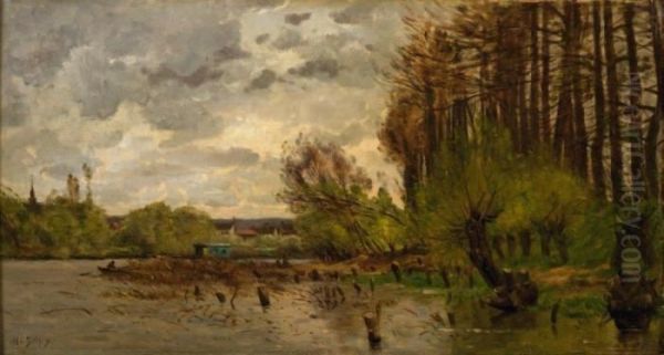 Barque Sur La Riviere Oil Painting by Hippolyte Camille Delpy