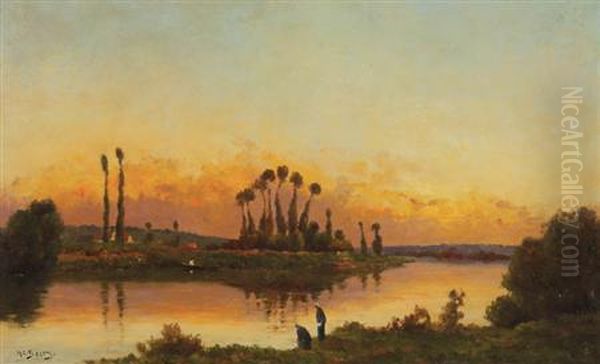 Washerwomen Beside A River At Sunset Oil Painting by Hippolyte Camille Delpy