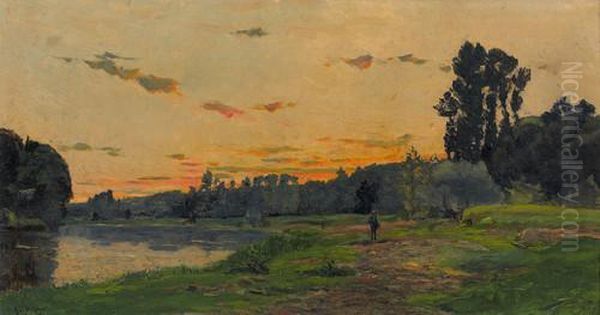 Auenlandschaft Mit Figur Oil Painting by Hippolyte Camille Delpy