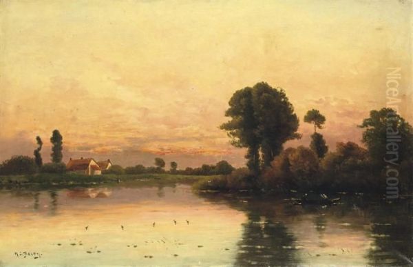 Sunrise On The River Oil Painting by Hippolyte Camille Delpy