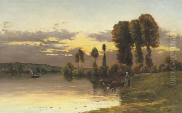 Watering The Cows At Dusk Oil Painting by Hippolyte Camille Delpy