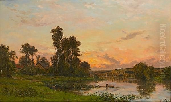 Soleil Couchant - Pampoux-sur-seine Oil Painting by Hippolyte Camille Delpy