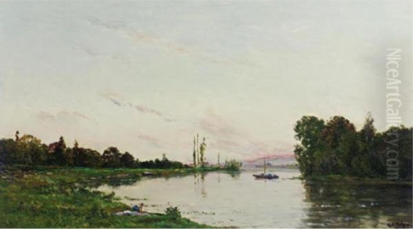 A Washerwoman At The Edge Of A Riverbank Oil Painting by Hippolyte Camille Delpy