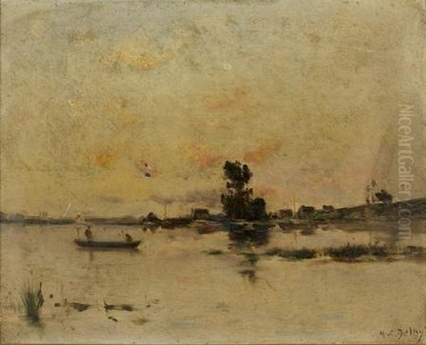 Pecheurs Dans Une Barque Sur Un Lac Oil Painting by Hippolyte Camille Delpy