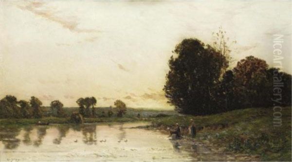 River Scene At Sunset With Washer Women Oil Painting by Hippolyte Camille Delpy