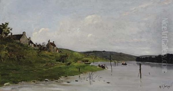 Washerwoman On A Riverbank Oil Painting by Hippolyte Camille Delpy