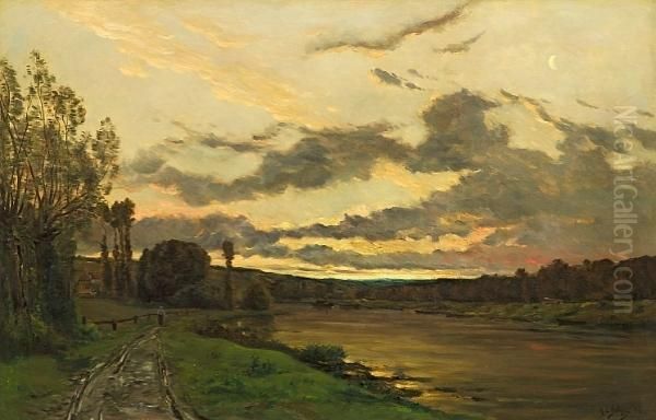 A River Landscape At Dusk Oil Painting by Hippolyte Camille Delpy