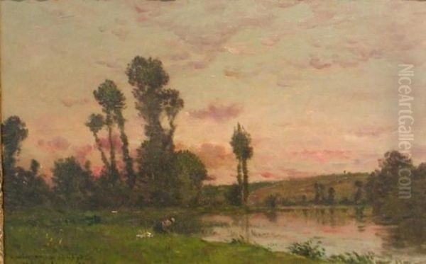 Lavandiere Pres D'un Etang, Soleil Couchant Oil Painting by Hippolyte Camille Delpy