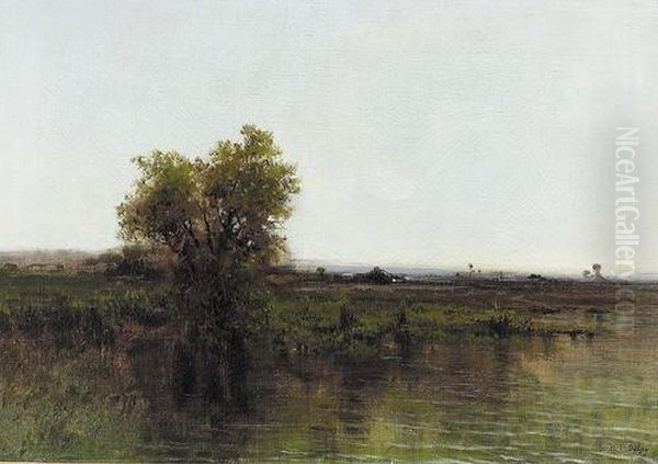 Moorlandschaft Mit Baumgruppe. Oil Painting by Hippolyte Camille Delpy