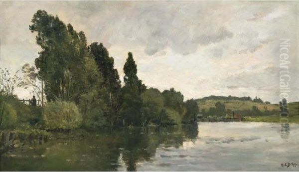 Busy River Bank Oil Painting by Hippolyte Camille Delpy