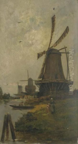 Trois Moulins En Hollande Oil Painting by Hippolyte Camille Delpy