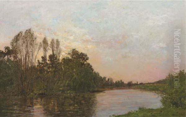 Soleil Couchant Pres Mantes: Along A River At Dusk by Hippolyte Camille Delpy