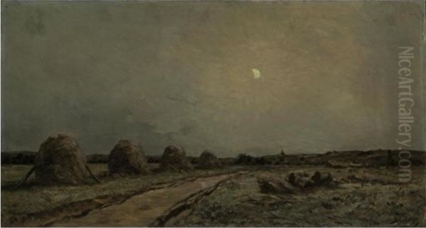 Haystacks In The Moonlight Oil Painting by Hippolyte Camille Delpy