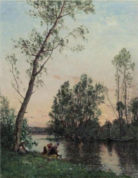 Sunset On The Banks Of The L'oise Oil Painting by Hippolyte Camille Delpy